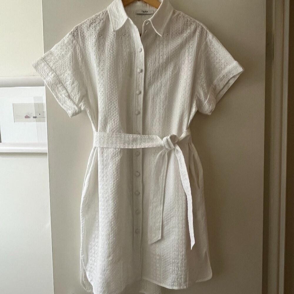 Maison Zapa Paris White Belted Eyelet Dress with Slip and Pockets EU 42 US 10/12